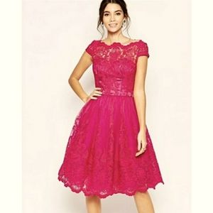 Chi Chi London Scalloped Lace Prom Dress in Pink